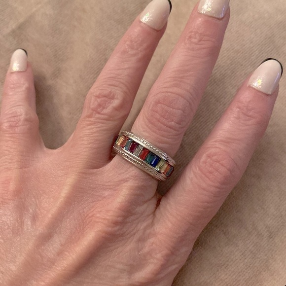 ✅Silver finish multi colored zirconia ring. Size 8” - Picture 2 of 2